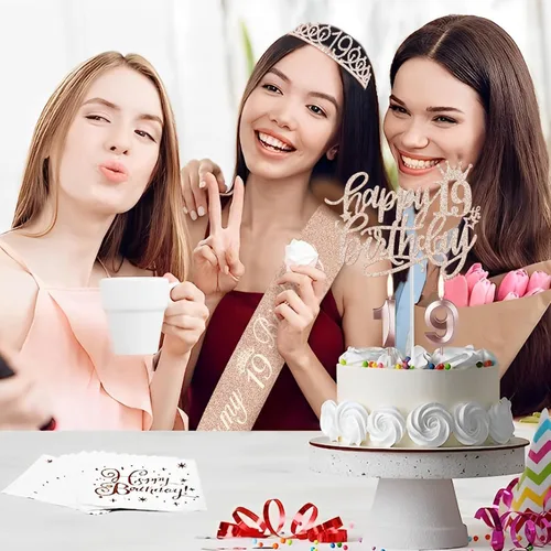 Miniatura 2 de Decoraciones de cumpleaños de 19 años que incluyen banda de cumpleaños, tiara/corona, velas numéricas y adorno para pasteles, regalos de niña de 19