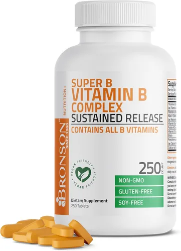 Miniatura 9 de Bronson Complejo de vitamina B Super B de liberación lenta sostenida (vitamina B1, B2, B3, B6, B9 - ácido fólico, B12) contiene todas las vitaminas