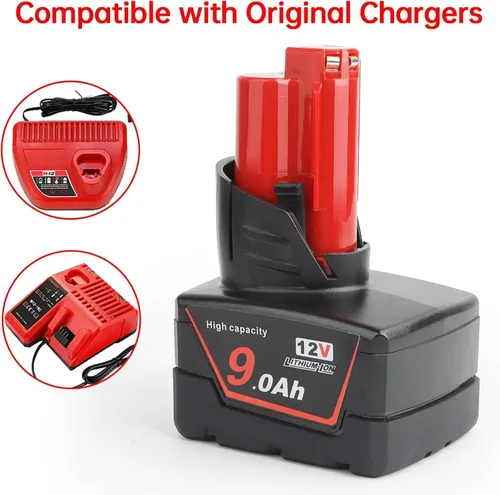 Miniatura 4 de Batería de repuesto de iones de litio de 12 V 9.0 Ah de 12 V compatible con Milwaukee 48-11-0490 48-11-2402 48-11-2411 48-11-2430 48-11-2450