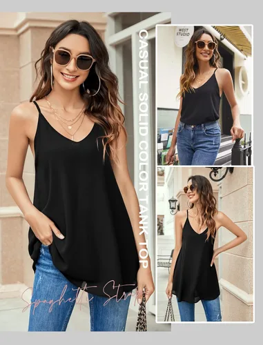 Miniatura 3 de SUNAELIA Camisola de gasa con cuello en V para mujer, ajuste holgado, con tirantes delgados, camisola de verano casual sin mangas