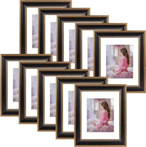 Paquete de 10 marcos de fotos de 11 x 14 pulgadas con paspartú blanco para fotos de 8 x 10 pulgadas, montaje en pared de vidrio real (dorado