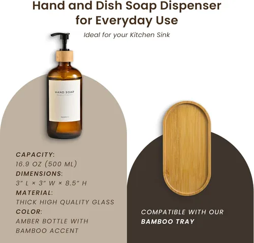 Miniatura 4 de MaisoNovo Dispensador de jabón de manos de vidrio Dispensador de jabón para platos para cocina Botellas ámbar de 16.9 onzas con bomba de bambú