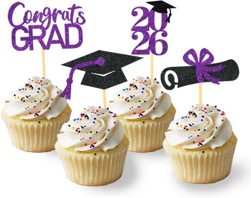 Miniatura 16 de 24 adornos de graduación para cupcakes, decoraciones de graduación negras y azules para la clase de 2026 (negro y azul)