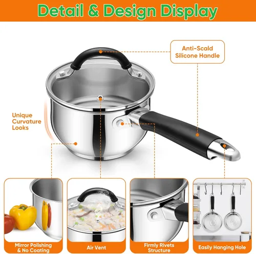 Miniatura 3 de P&P CHEF - Cacerola de acero inoxidable de 1 cuarto de galón con tapa, pequeña olla de leche para cocina multiusos, tapa de vidrio visible y asa