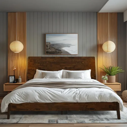Miniatura 10 de Acacia Serenity - Base de cama King y cabecero de madera maciza, base de cama y cabecero de cama tamaño King, cama de madera escandinava compatible