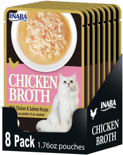 INABA Caldo de pollo, guarnición/adorno para gatos con vitamina E, bolsa de 1.76 onzas, 8 bolsas en total, receta de pollo y salmón