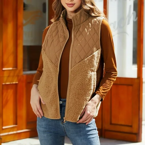 Miniatura 2 de Vipwest Chaleco sherpa de forro polar mullido para mujer, para otoño e invierno, con cuello alto, ligero, sin mangas, (S-5XL)
