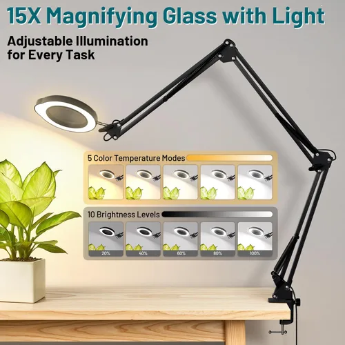 Miniatura 3 de 15X Magnifying Glass with Light and Clamp, 84 LED Hands-Free Lighted Magnifying Glass with Clamp, 3-Section Arm 5 Color Modes Dimming LED Desk