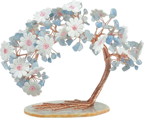 mookaitedecor Árbol de cristal aguamarina natural con base de ágata, árbol de dinero floral de encaje bordado para decoración de escritorio de