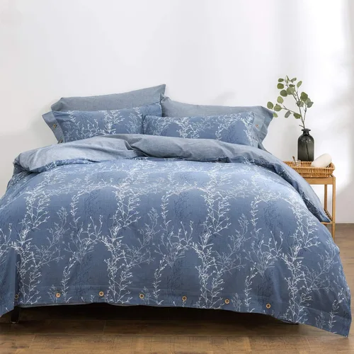 Miniatura 2 de Juego de funda de edredón tamaño matrimonial/queen, hilo de algodón lavado, jacquard azul y blanco, patrón de ramas finas estilo floral, juego