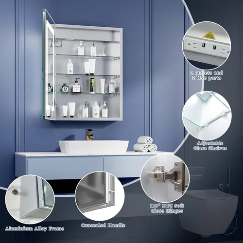 Miniatura 4 de ExBrite Botiquín de baño con iluminación LED con espejo, 24 x 30 pulgadas, empotrado o montaje en superficie, antivaho, atenuación continua, ajuste