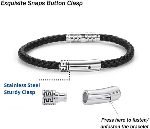 Miniatura 6 de Carleen Destination - Pulsera de cuero genuino de plata de ley 925 para hombre, cuerda trenzada con dije de energía, cierre de botón de bloqueo, 7.5