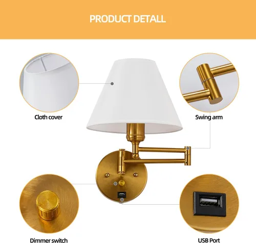 Miniatura 7 de Apliques de pared con brazo oscilante, lámpara de pared enchufable, lámpara de pared para dormitorio, pantalla de tela blanca, con interruptor Dorado