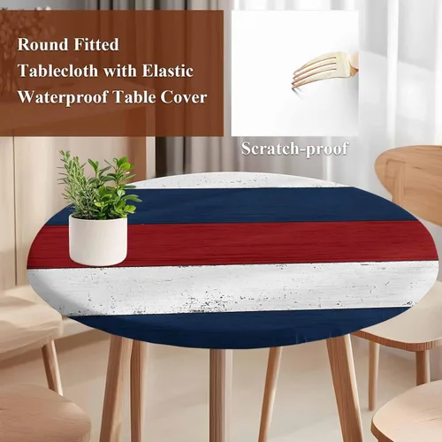 Miniatura 5 de Mantel redondo ajustable azul marino, rojo y blanco con borde elástico, mantel para exteriores, impermeable, a rayas, de madera de granja