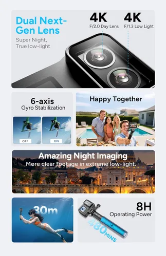 Miniatura 2 de SJCAM SJ20 Ultra Visión Nocturna y Cámara de Acción 4K, 8H de Potencia, Lente Dual 4K, Angulo Amplio de 154°, Movimiento en Baja Luz, Super