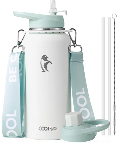 Miniatura 31 de Botella de agua Coolflask de 40 onzas con correa, botella de agua metálica aislada con popote y tapas con pico, acero inoxidable de doble pared al