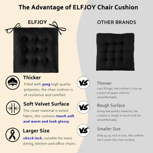 Miniatura 2 de ELFJOY Paquete de 4 cojines para sillas de comedor, cojines para sillas de cocina, oficina, cojín cuadrado copetudo con lazos