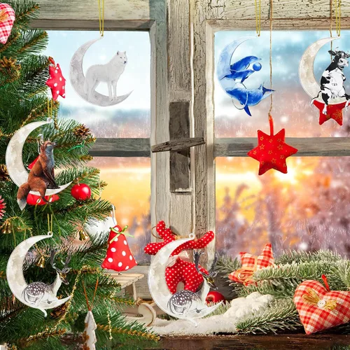 Miniatura 6 de Adornos para árbol de Navidad, animales sentados en la luna, colgante colgante de acrílico suave de doble impresión, para árbol de Navidad