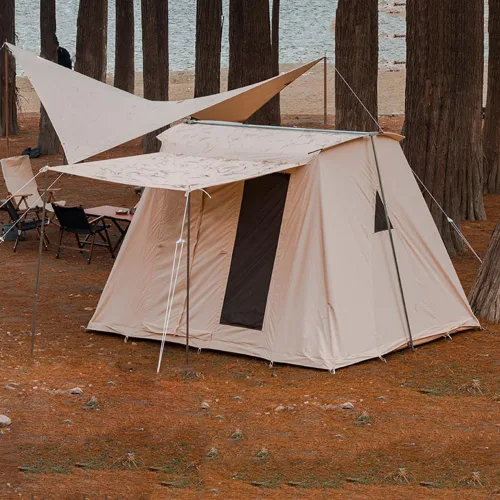 Miniatura 9 de Tienda de campaña de lona de algodón impermeable para 4 estaciones, refugios para acampar al aire libre con toldo y puertas de malla extra anchas