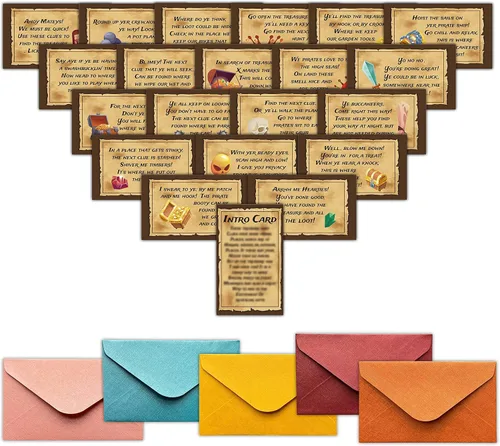 Tarjetas de juego de pistas de caza del tesoro pirata de Halloween, juego de cartas de búsqueda del tesoro para fiesta de cumpleaños (21 cartas con