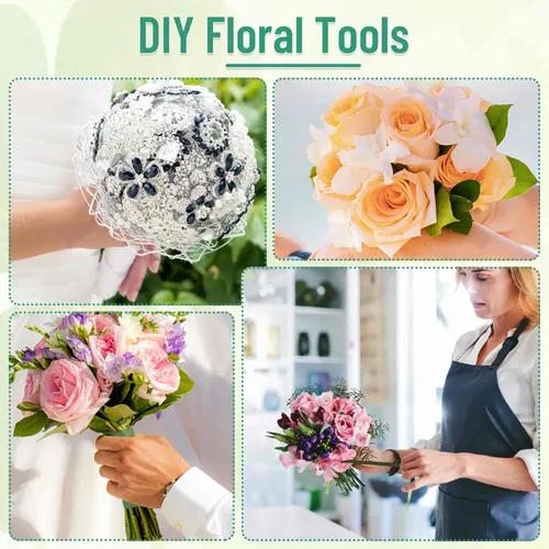 Miniatura 7 de PAXCOO Cinta floral y alambre, kit de arreglo de cinta florista y alambre floral con cinta blanca, pasador de botonero, cortador para ramos, Verde