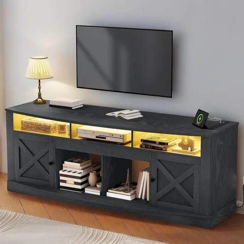 YITAHOME Soporte de TV para TV de 75/80 pulgadas, Centro de Entretenimiento Negro de 70 pulgadas de ancho, Mueble de Medios Mesa de TV con Toma de