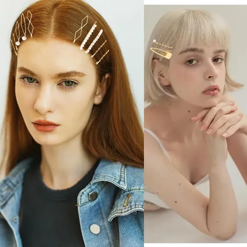 Miniatura 6 de 18 pinzas de pelo de metal geométrico dorado para mujeres y niñas, pinzas para el cabello de perlas preppy para novia, elegante juego de pasadores