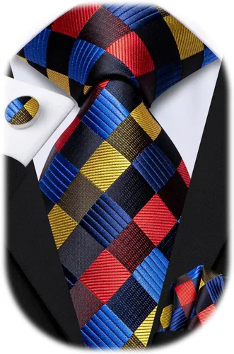 Miniatura 55 de Hi-Tie Corbata clásica de cachemira para hombre con pañuelo y gemelos a cuadros