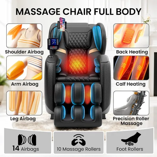 Miniatura 3 de Silla de masaje de cuerpo completo y reclinable, sillas de masaje de gravedad cero, 10 rodillos fijos, bolsas de aire, calefacción, masaje de pies