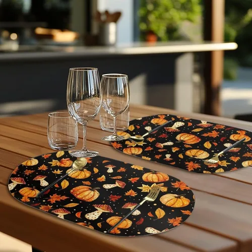 Miniatura 5 de Non Slip Placemats Set of 6 Pumpkin Mushroom Theme Waterproof Wipeable Faux Leather for Thanksgiving Family Feast Heat Resistant Dining Table Mats