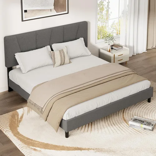 Miniatura 6 de Garvee Base de cama de tamaño individual con cabecera ajustable, base de cama tapizada de lino con listones de madera fuertes, base de colchón,