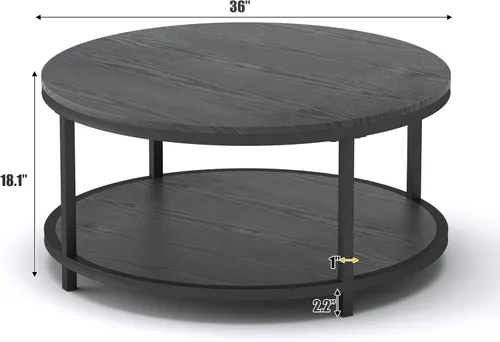 Miniatura 2 de WiberWi Mesa de Centro Redonda Negra de 35.8" Mesas de Centro Circulares para Sala de Estar Diseño Industrial Rústico con Patas de Marco de Metal