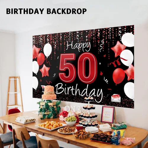 Miniatura 3 de Cartel de feliz cumpleaños 50 para patio, pancarta de cumpleaños número 50 en negro y rojo, decoración para mujeres y hombres, fondo grande de 50