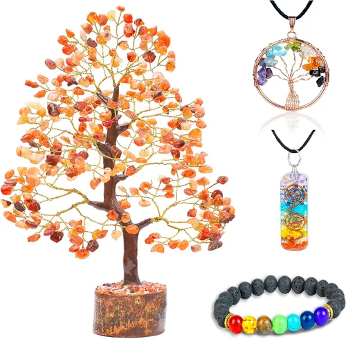 Crocon® Árbol de la vida de cristal de cornalina con pulsera y 2 colgantes, decoración de árbol de gemas de Feng Shui, cristales curativos, regalos