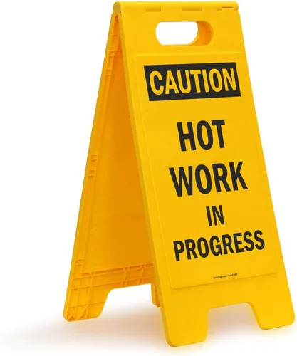 SmartSign Letrero plegable de plástico con texto en inglés "Caution - Hot Work In Progress" de 25 x 12 pulgadas, color negro y amarillo Hot Work in