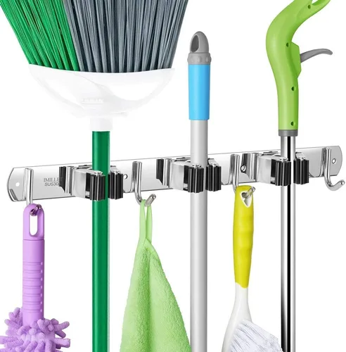 IMILLET Soporte para escoba y fregona montado en la pared, soporte para escoba de acero inoxidable, soporte para fregona, organizador de 3 estantes