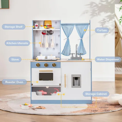 Miniatura 4 de INFANS Juego de cocina para niños, juego de cocina de madera con estufa, fregadero, microondas, armario de almacenamiento, juego de juguetes