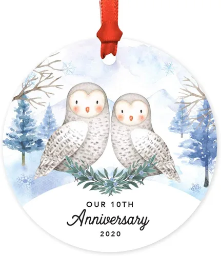 Andaz Press Adorno redondo de recuerdo de Navidad, nuestro 10 aniversario 2025, búhos de nieve de invierno en acuarela, 1 paquete, incluye cinta y