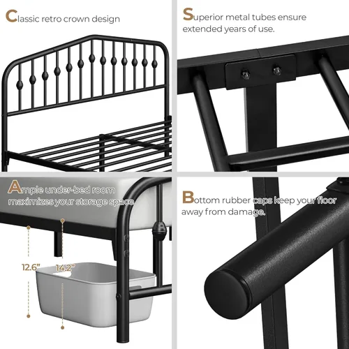 Miniatura 4 de Yaheetech Base de cama King con plataforma y cabecero victoriano, capacidad de 800 libras, espacio debajo de la cama de 12.6 pulgadas, no necesita