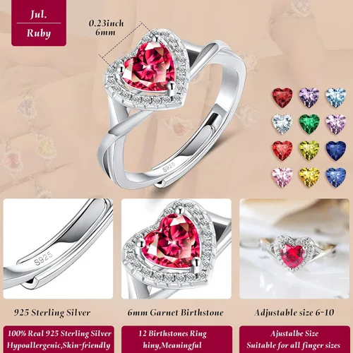 Miniatura 3 de Anillos de plata de ley S925 con piedra natal para mujer, anillo de compromiso ajustable para esposa, mamá, hija, joyería de cumpleaños, boda