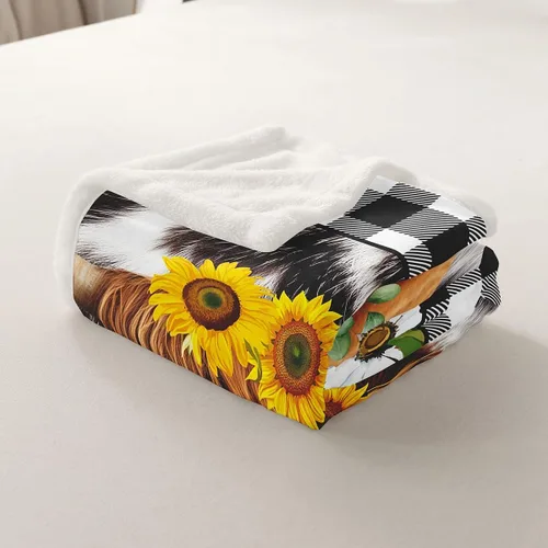 Miniatura 4 de Bonita manta de vaca de las tierras altas, mantas de girasol para niños y adolescentes, manta de forro polar a cuadros con estampado de piel de vaca