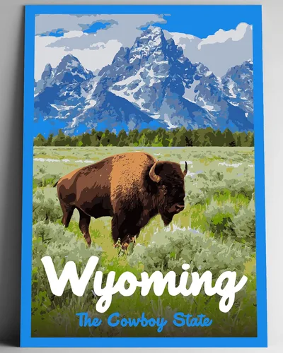 GO SEE DESIGN Wyoming - Póster de viaje de estilo vintage The Cowboy State, 8 x 10, 12 x 18, 18 x 24, 24 x 36 pulgadas, 4 x 6 pulgadas, impresión