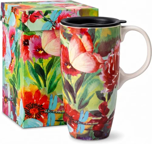 DUSVALLY Taza de café de viaje de cerámica de 17 onzas con tapa, apta para microondas y lavavajillas, taza reutilizable para café con leche o té,