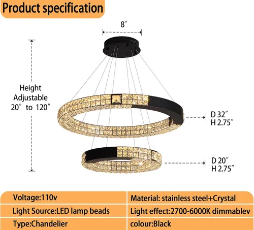 Miniatura 3 de Candelabro LED de anillo dorado para sala de estar, comedor y dormitorio, lámparas de cristal modernas, iluminación colgante, lámparas ajustables