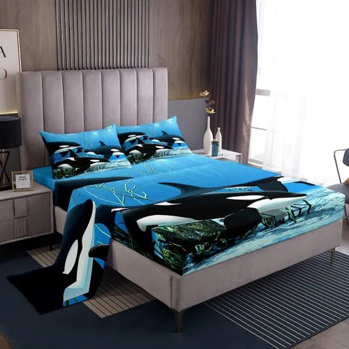 Erosebridal Juego de ropa de cama de orca asesina Orcinus Orcas, sábana bajera ajustable de medusas del mundo submarino para niños y niñas, animales