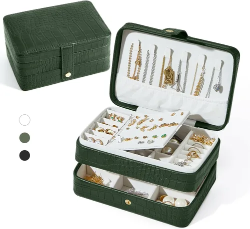 Estuche organizador de joyas de viaje de piel sintética para mujeres y niñas, joyero portátil de 2 capas para aretes, anillos, collares, pulseras,