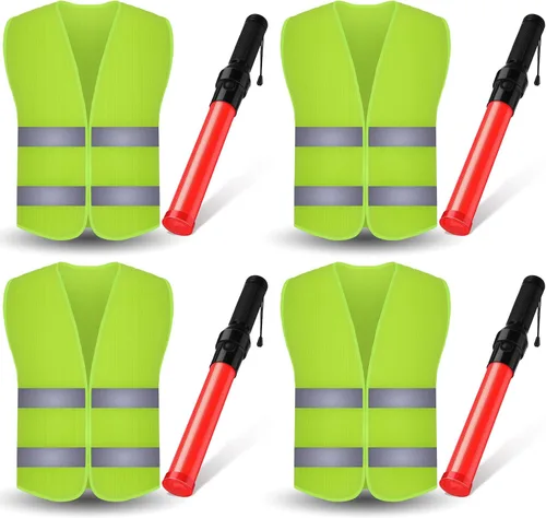 Kanayu Juego de 8 chalecos de seguridad de alta visibilidad de 16 pulgadas, incluye 4 chalecos de seguridad reflectantes, 4 varitas de seguridad