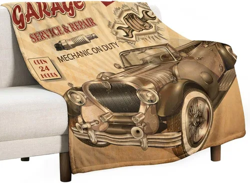 Miniatura 19 de Manta de motocicleta antigua, rústica y clásica, con temática de auto clásico, ruta de EE. UU., 66, patrón impreso, manta de franela súper suave