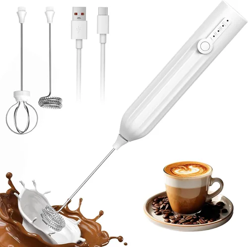 Miniatura 8 de Espumador de leche potente recargable de mano con 2 cabezales inoxidables, 3 velocidades, mezclador de bebidas, batidor eléctrico para café, lattes