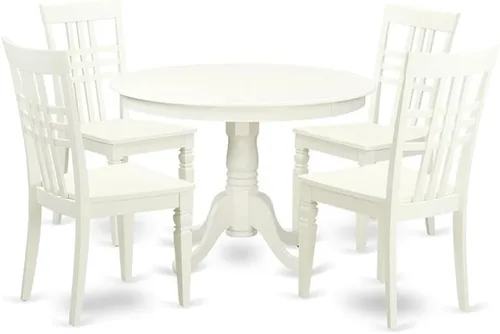 Miniatura 7 de East West Furniture HLLG5-BCH-W Juego de mesa de comedor moderno de 5 piezas, incluye una mesa redonda de madera con pedestal y 4 sillas de comedor